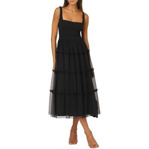 Adrianna by Adrianna Papell Womens Square-Neck Midi Mesh Dress 8 Black NWT $245
